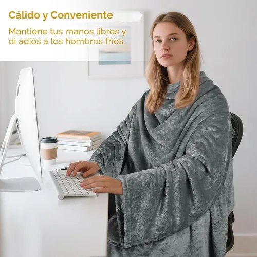 Miniatura 5 de Catalonia Manta Vestible con Mangas y Bolsillo, Suave y Acogedora Manta Envolvente de Vellón de Microfelpa Tipo Visón Estilo Bata para Mujeres y Gris