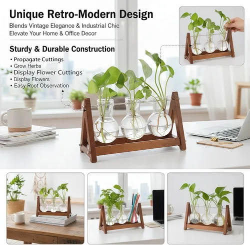 Miniatura 6 de Terrario para plantas con soporte de madera, jarrón de vidrio de 3 bombillas, soporte de metal, maceta hidropónica retro para decoración de hogar