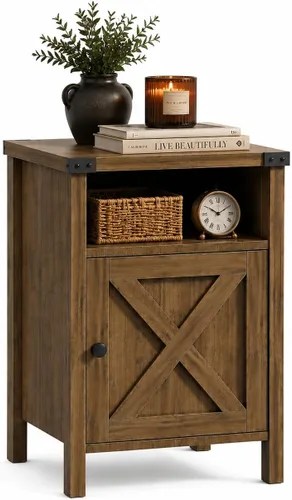 Miniatura 18 de Catrimown Mesa auxiliar de granja, juego de 2 mesitas de noche, mesita de noche rústica con puerta de granero y estante de almacenamiento, mesa Gris