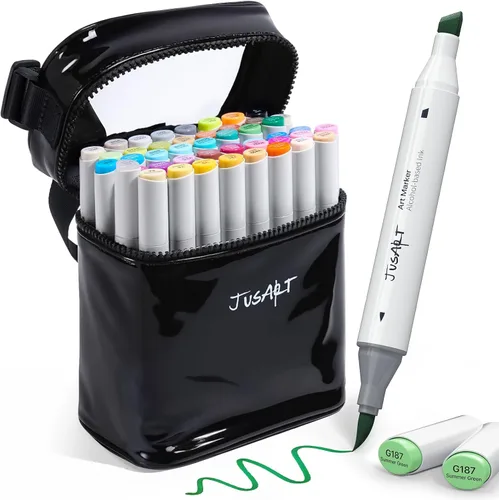 JusArt - Marcadores de alcohol con punta de pincel, 48 colores de marcadores de doble punta con pincel y cincel, juego de marcadores a base de