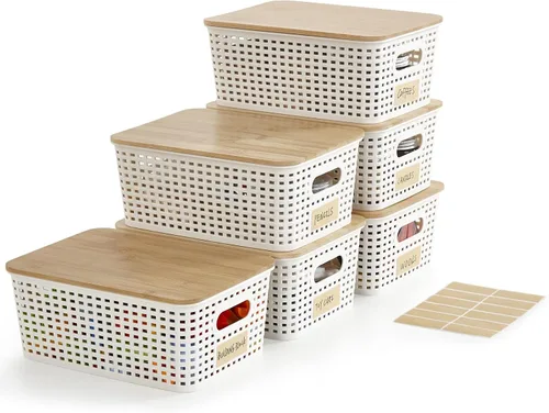 Miniatura 16 de Bagnizer Contenedores pequeños de plástico con tapas de bambú de 5.2 cuartos de galón, cesta apilable para despensa, contenedores decorativos lindos