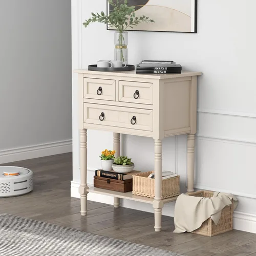 Miniatura 7 de Giantex Mesa de entrada con almacenamiento, mesa consola rústica pequeña con 3 cajones y estante inferior abierto, mesa consola de madera delgada