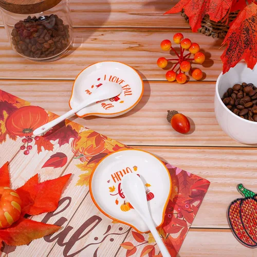 Miniatura 4 de Whaline Soporte para cucharas de cerámica de otoño, camión de calabaza, pequeño soporte para cucharas de café para agitadores de café, cucharadita