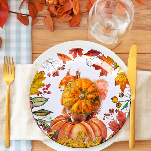 Miniatura 6 de Whaline 40 platos de papel de otoño de 9 pulgadas, platos desechables de calabaza naranja, ardilla, cosecha de otoño para Acción de Gracias, fiesta