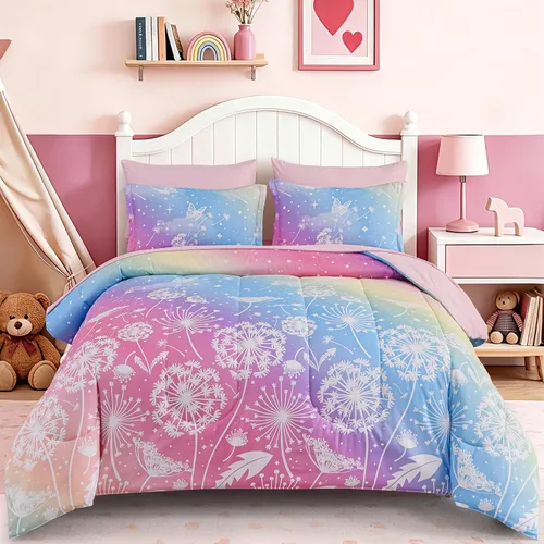 Miniatura 8 de Dinjoy Juego de edredón para niñas, tamaño individual, colorido, azul, rosa, morado, arcoíris, juego de ropa de cama de 6 piezas en una bolsa