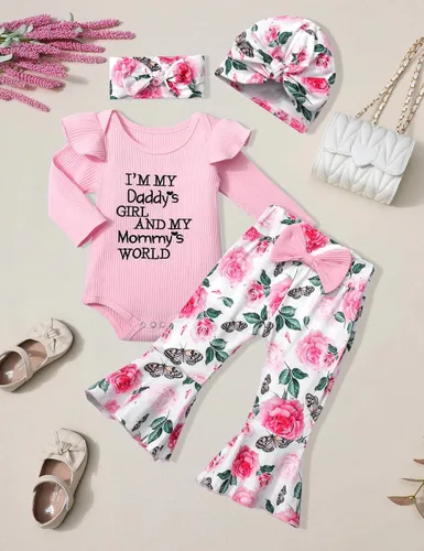 Miniatura 5 de Ropa de bebé niña, 4 piezas, trajes de niña recién nacida, con volantes, mameluco de campana para bebé, diadema, bandana, conjuntos de ropa, regalos