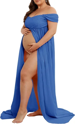 Miniatura 2 de Vestido de maternidad para sesión de fotos con hombros descubiertos, vestido de gasa con abertura frontal, maxi vestidos de embarazo para fotografía