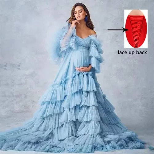 Miniatura 2 de Vestidos de maternidad de tul hinchado con volantes para sesión de fotos, hombros descubiertos, lencería nupcial, baby shower, bata de embarazo