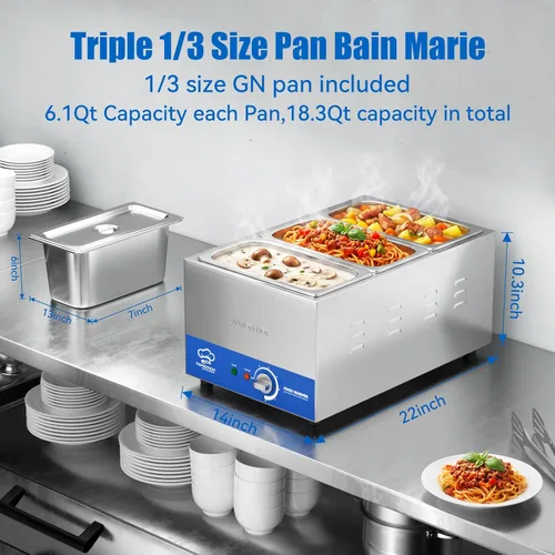 Miniatura 6 de TOPKITCH Calentador de alimentos comercial de 3 bandejas 18L con tanque de agua sin fugas de formación elástica y 3 de 1/3 de tamaño GN, mesa