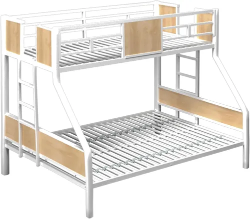 Miniatura 6 de Literas triples de tamaño individual sobre matrimonial para niños, literas triples de metal resistente con escaleras laterales, marco de metal