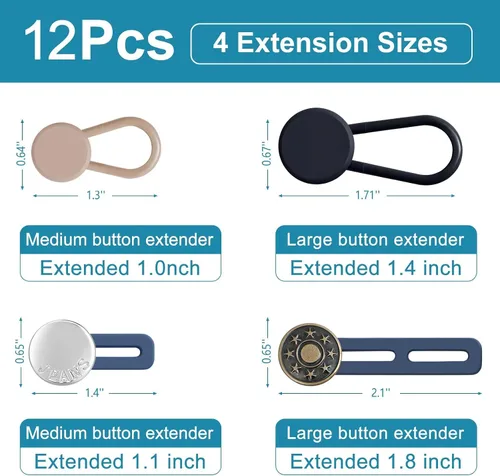 Miniatura 2 de KUNTAERY 12 extensores de cintura de pantalón para jeans, pantalones y faldas, extensores de botón ajustables sin coser, 1-1.8 pulgadas