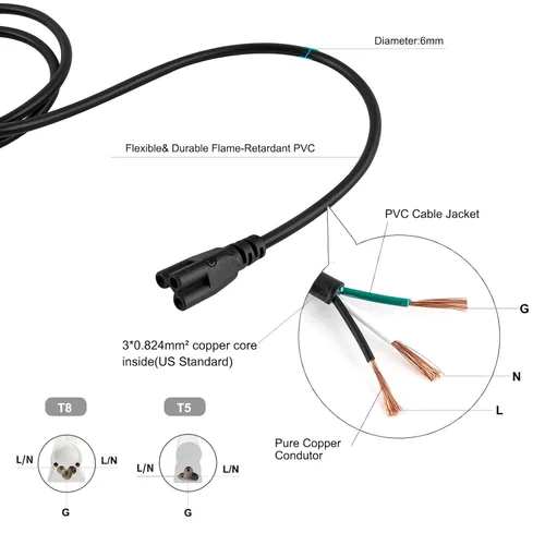 Miniatura 4 de Cables de extensión T5 T8 negros de 4 pies, cable de alimentación de luz de crecimiento, cables de conexión de lámpara de 48 pulgadas, conectores