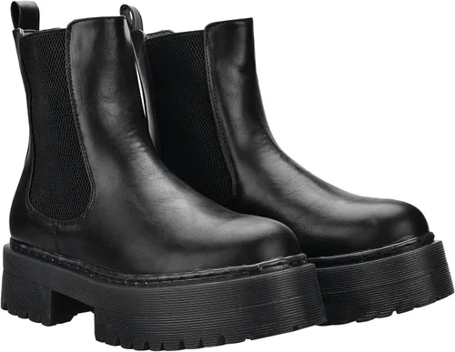 Miniatura 3 de KEIIYJ Botines Chelsea de tacón bajo con plataforma para mujer en negro (KEY6)