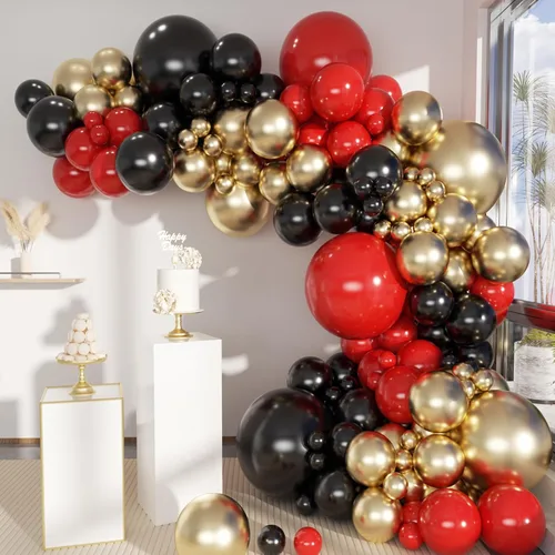 Miniatura 9 de MEBAY Kit de arco de globos negro, rojo y dorado, 141 unidades, globos negros mate, rosa intenso y dorados metálicos, confeti de oro