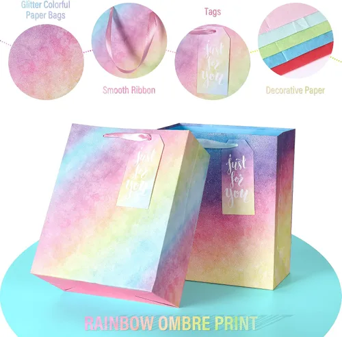 Miniatura 4 de Paquete de 4 bolsas de regalo con asas, bolsas de regalo de tamaño mediano degradado con purpurina con papel de seda, bolsa colorida de regalo