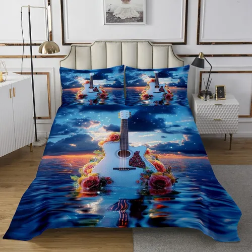 Miniatura 20 de Homewish Colcha de guitarra roja tamaño individual, juego de ropa de cama de música Hip Pop para decoración de habitación de niños y niñas, juego