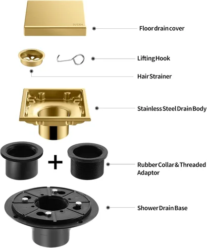 Miniatura 2 de Desagüe de suelo de ducha cuadrado cepillado oculto, dorado de 4 pulgadas, acero inoxidable 304, con brida, cubierta desmontable incrustada en Oro