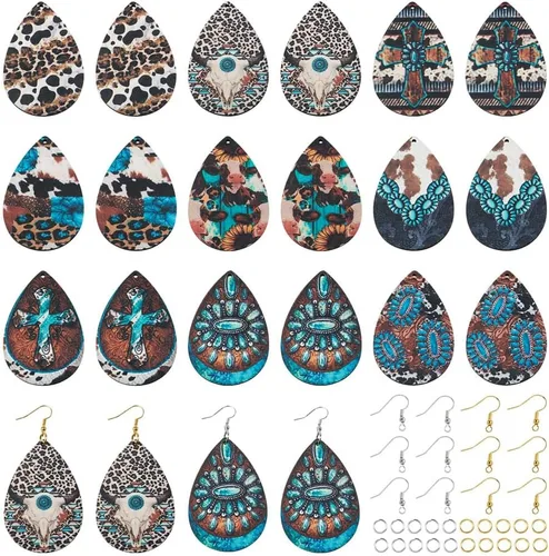KISSITTY Kit de fabricación de aretes de madera, 36 piezas de lágrima con cruz de vaca y leopardo, dijes de madera impresos con 80 ganchos para