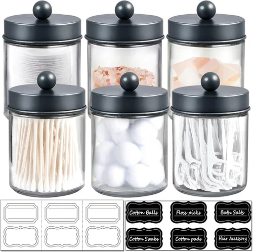 Miniatura 9 de Amolliar 6 tarros de boticario para baño, organizador de tocador de baño, decoración rústica de granja con tapas de acero inoxidable, soporte Negro