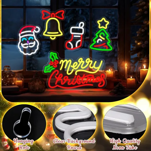 Miniatura 5 de 5 letreros de neón de Navidad con texto en inglés "Merry Christmas", campanas de Papá Noel, árbol de Navidad, luces LED, luces de neón de invierno