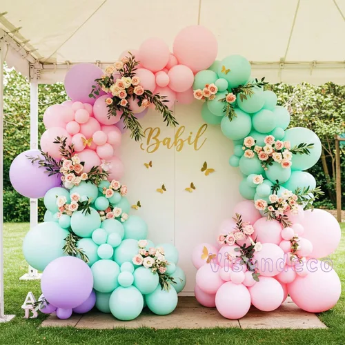 Miniatura 7 de Kit de arco de globos rosa, morado y verde menta, globos pastel de doble relleno con mariposas doradas para baby shower, cumpleaños de niña, tema