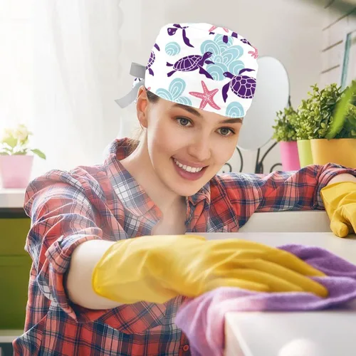 Miniatura 5 de 2 gorras de trabajo para mujer con botón Ocean Turtle cubierta de pelo largo cinta con cordones