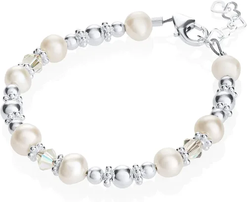 Elegante perla de agua dulce cultivada blanca y cristales europeos con cuentas de plata de ley, regalo de lujo para niña (BFWSC_All)