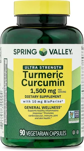 Suplemento de curcumina de cúrcuma Spring Valley – Ultra Strength 1,500 mg, 90 cápsulas vegetarianas, apoya el bienestar articular y general (el
