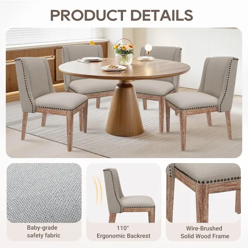 Miniatura 3 de MALOL Juego de 2 sillas de comedor, sillas laterales de cocina tapizadas de tela con patas de madera para uso en cocina y restaurante, color beige