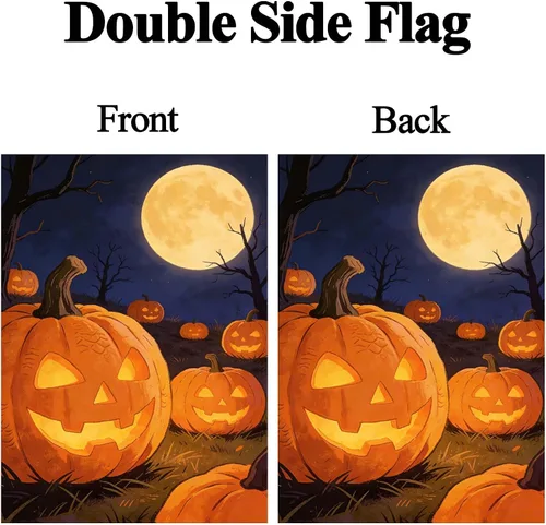 Miniatura 2 de Bandera de Halloween de Halloween con diseño de calabaza de murciélago y luna, cementerio, jardín, patio, 12 x 18 pulgadas, doble cara decorativa