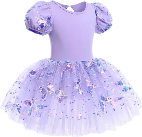Miniatura 3 de Leotardos de ballet para niñas, 4 colores, mariposa, lentejuelas brillantes, vestido tutú de baile, manga abombada, ojo de cerradura en la espalda