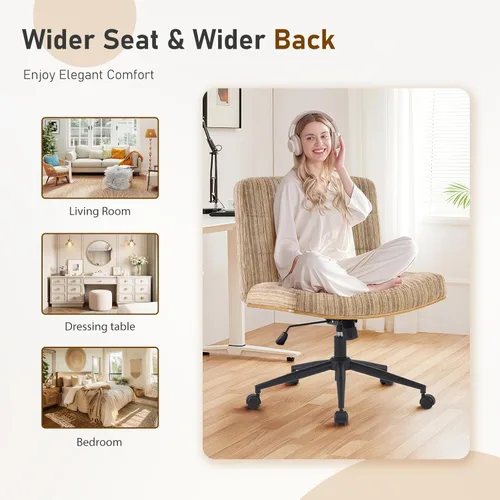 Miniatura 3 de Furnimart Silla de escritorio curvada de madera FSC de alta resistencia, giratoria de 360°, silla cruzada de felpilla de alta calidad con ruedas
