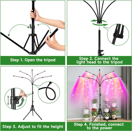 Miniatura 6 de Garpsen Luz de crecimiento con soporte, luces de cultivo de 5 cabezas para plantas de interior, luz de planta LED de 100 diodos de espectro completo