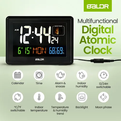 Miniatura 5 de BALDR Relojes Atómicos para Dormitorios Pantalla Digital Grande - Negro - Reloj de Escritorio con Temperatura Interior y Humedad, Reloj de Mesa