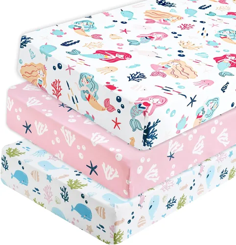 Miniatura 41 de PHF 3 paquetes de sábanas de cuna suaves, sábanas bajeras florales rosa transpirables y cómodas para niñas, ajuste universal sin deslizamiento