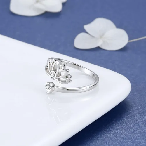 Miniatura 4 de MANBU Anillo de plata de ley con forma de loto y semicócolo Anillo ajustable con diseño de flor de loto, regalo inspirador para mujeres