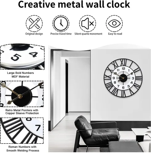 Miniatura 2 de Relojes de pared decorativos de metal de 16 pulgadas, silenciosos sin tictac, de calidad, con movimiento de cuarzo, operados con pilas, reloj grande