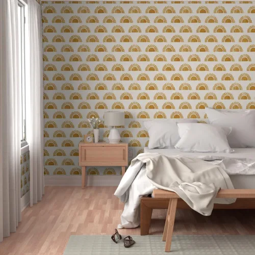 Miniatura 5 de Papel tapiz autoadhesivo para despegar y pegar, estampado de bloques bohemios, sol sol en naranja dorado, papel tapiz extraíble personalizado por