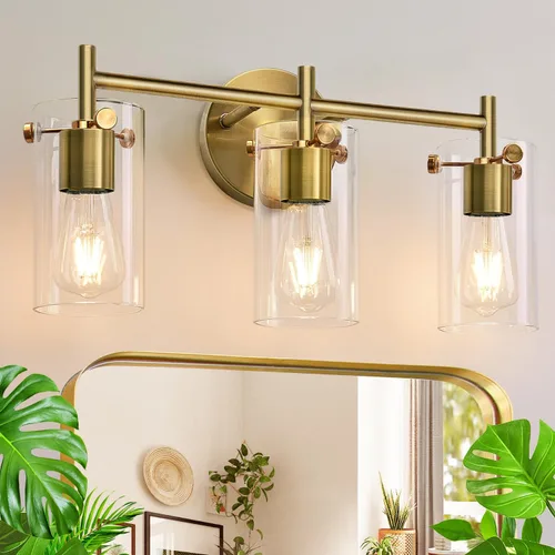 Miniatura 11 de Lámparas de baño de 3 luces actualización 2023, luces de tocador modernas de bronce frotado con aceite con pantalla de vidrio transparente, apliques