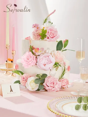 Miniatura 4 de Serwalin Flores Artificiales Peonías Rosas Flores Falsas de Boda Conjunto de Caja de Flores para Pastel para Ramos de Boda DIY Centros de Mesa