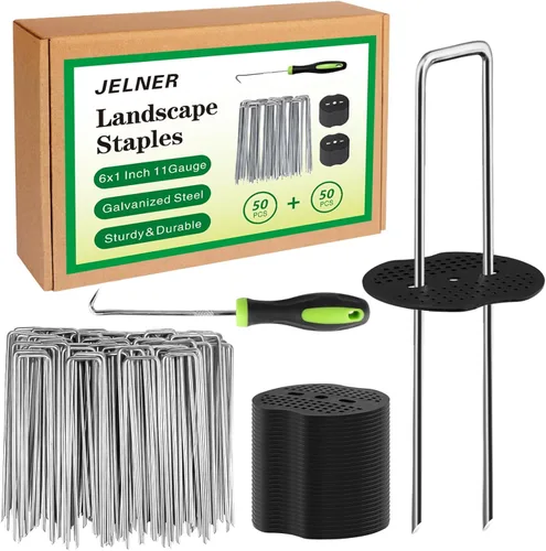 JELNER Estacas de Jardín, grapas de 15 cm calibre 11, 50 piezas galvanizadas para paisajismo + 50 juntas + 1 gancho de pico, estacas para carpas,