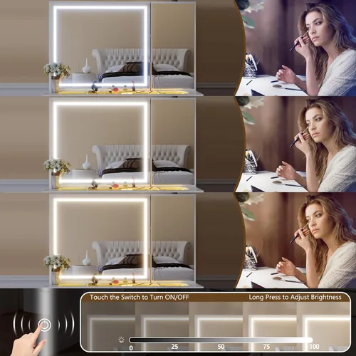 Miniatura 7 de Escritorio de tocador con espejo iluminado grande, tocador de maquillaje con parte superior de cristal, 7 cajones y brillo ajustable, mesa
