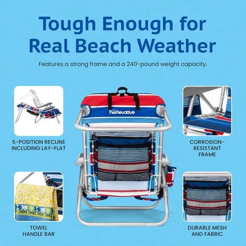 Miniatura 5 de Homevative Cooler+ - Silla de playa plegable con 5 posiciones, toallero, bolsa enfriadora XL, red de almacenamiento, soporte para taza y teléfono
