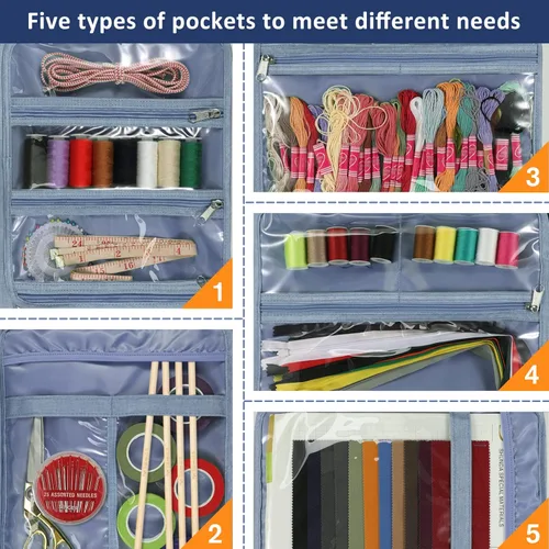 Miniatura 3 de FINPAC Bolsa de almacenamiento de suministros de costura y manualidades, bolsa organizadora de viaje de gran capacidad con bolsillos transparentes