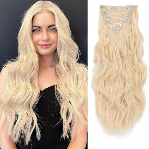 Miniatura 30 de NAYOO Extensiones de cabello con clip, de 20 pulgadas, largo, ondulado, rizado, rubio ceniza, extensiones de cabello sintético de cabeza completa