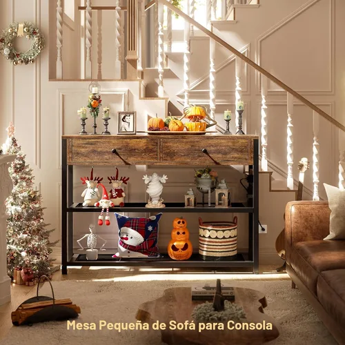 Miniatura 2 de Ecoprsio Mesa de entrada con salidas y puertos USB, mesa consola con 2 cajones, mesa de sofá pequeña con estantes de almacenamiento para sala