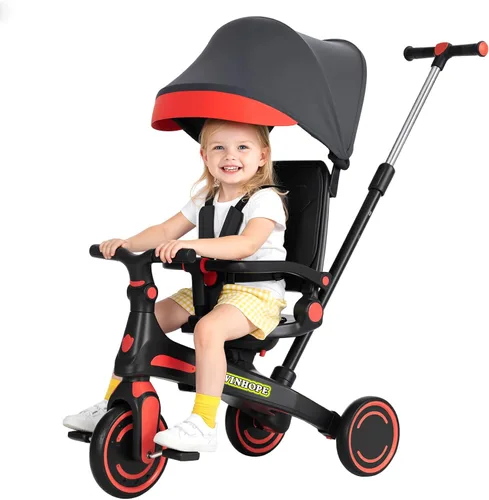 Miniatura 10 de Winhope Triciclo para niños, triciclo 6 en 1 para bebés con asa de empuje ajustable, asiento reversible y toldo, cochecito de bebé para niños de 1 a