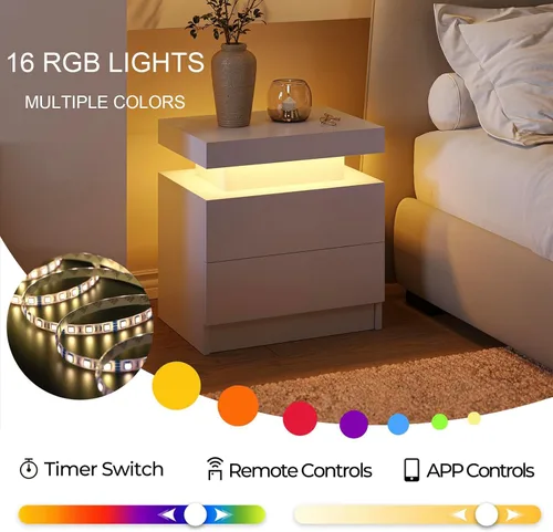 Miniatura 5 de Mesita de noche LED blanca moderna, mesa de cabecera para dormitorio, mesa auxiliar con 2 cajones de madera Blanco profundo