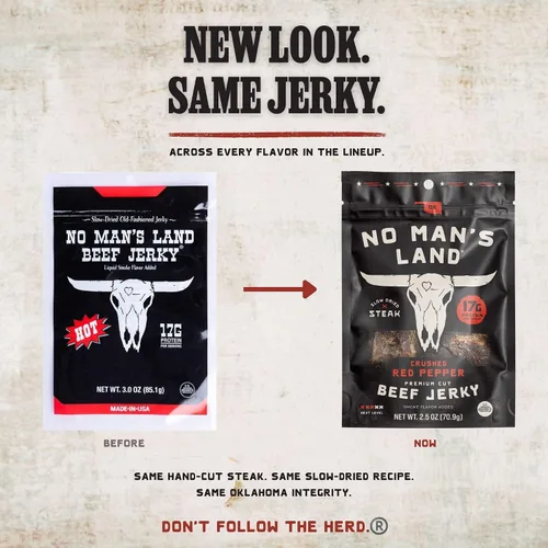 Miniatura 4 de No Man's Land - Carne seca de carne seca de pimiento rojo triturada, filete cortado a mano, secado lento, 0.76 onzas de proteína por porción, 0.00