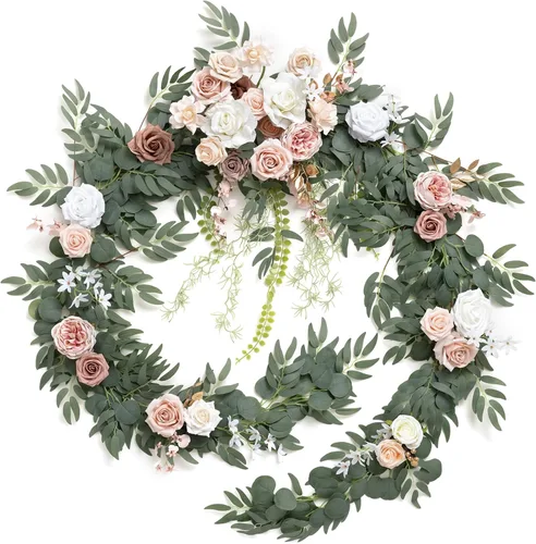 Miniatura 19 de Ling's moment Guirnalda de eucalipto y hojas de sauce de 9 pies con flor blanca, artesanal, centros de mesa para mesa de novios, decoración de mesa